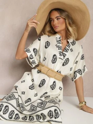 Czarno-Kremowa Sukienka z Wiskozy w Stylu Boho o Pudełkowym Kroju z Rozcięciami Virbia rosa