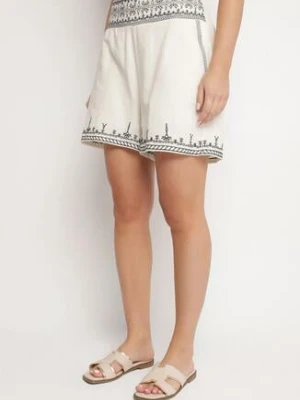 Czarno-Kremowe Bawełniane Szorty z Wysokim Stanem Zdobione Haftem Korioria rosa