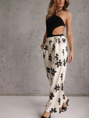 Czarno-Kremowe Szerokie Spodnie High Waist z Kwiatowym Printem i Wiązanym Paskiem Oramare daysie
