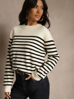 Czarno-Kremowy Sweter z Wiskozą w Paski Ozdobiony Guzikami Lilettia