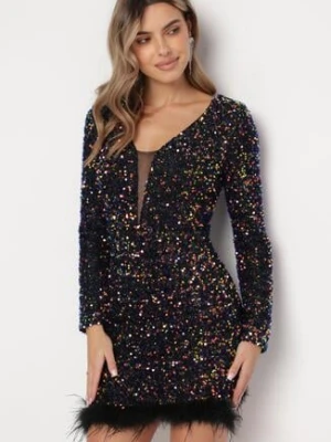 Czarno-Niebieska Cekinowa Sukienka Mini z Głębokim Dekoltem z Siateczką i Piórami Stellira allyson