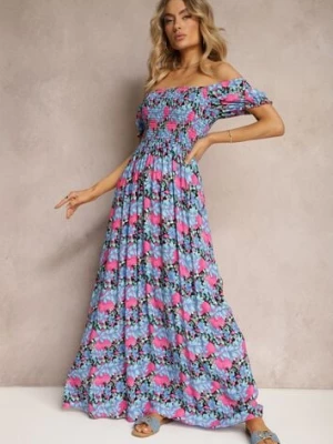 Fioletowo-Niebieska Hiszpanka Sukienka o Rozkloszowanym Kroju i Gumkami przy Dekolcie Kaseria wei wei