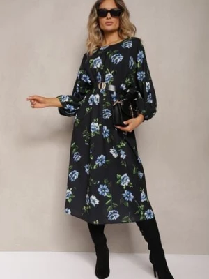 Czarno-Niebieska Midi Sukienka w Kwiaty o Rozkloszowanym Kroju z Rękawami Nietoperz Jervia ann gissy