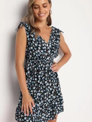 Czarno-Niebieska Rozkloszowana Bawełniana Sukienka w Kwiaty z Gumką w Pasie Evieles defox