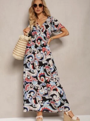 Czarno-Niebieska Rozkloszowana Sukienka z Bawełny o Kopertowym Kroju w Print Paisley Piavella generation