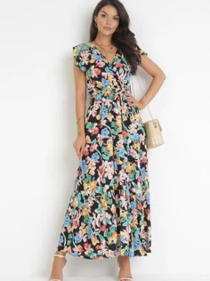 Czarno-Niebieska Rozkloszowana Sukienka z Gumką w Talii i Kopertowym Dekoltem Aminetta rosa