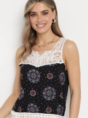 Czarno-Niebieski Wiskozowy Top Koszulka bez Rękawów z Koronkową Górą i Wykończona Pomponami Comoria fashion