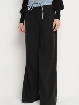 Czarno-Niebieskie Szerokie Spodnie z Bawełną Wysokim Stanem i Wstawką Imitującą Jeans Tannira defox