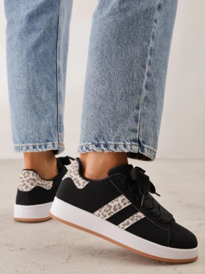 Czarno-Panterkowe Sneakersy na Niskiej Platformie z Naszywkami Flordexia Mulanka