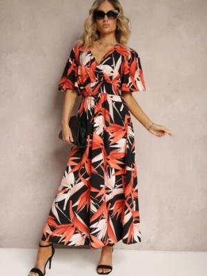 Czarno-Pomarańczowa Kopertowa Sukienka Wiązana na Plecach z Gumką w Talii Jeteri wei wei