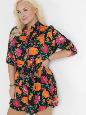 Czarno-Pomarańczowa Koszulowa Sukienka Mini z Guzikami i Materiałowym Paskiem Raimeda