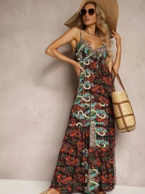 Czarno-Pomarańczowa Rozkloszowana Sukienka z Wiskozy na Ramiączkach z Falbanką i Gumką w Pasie Tantia cflo