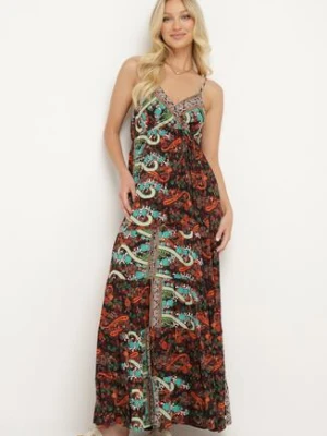 Czarno-Pomarańczowa Wiskozowa Sukienka z Kopertowym Dekoltem z Gumką w Pasie i Falbanką Santantia cflo