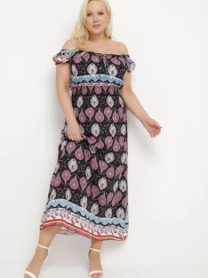 Czarno-Różowa Sukienka Bawełniana z Gumką w Talii i Mozaikowym Wzorem Vestra generation