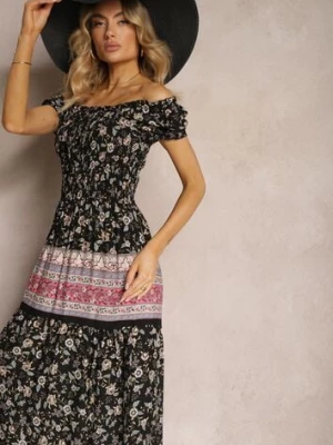 Czarno-Różowa Sukienka Hiszpanka z Wiskozy z Marszczoną Górą Isteria j&x