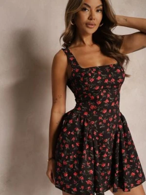 Czarna Sukienka na Ramiączkach o Kwiatowym Wzorze z Kwadratowym Dekoltem i Ramiączkami Belifea allyson