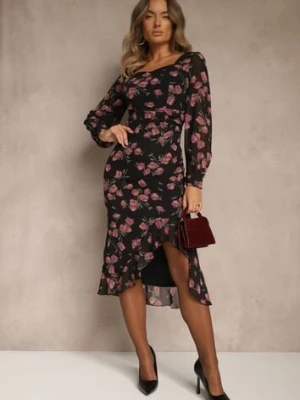 Czarno-Różowa Sukienka VICES o Taliowanym Kroju z Falbankami i Bufiastymi Rękawami Tevite