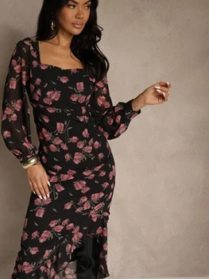Czarno-Różowa Sukienka VICES o Taliowanym Kroju z Falbankami i Bufiastymi Rękawami Tevite