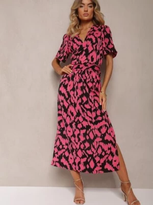 Czarno-Różowa Sukienka z Kopertowym Dekoltem i Ozdobnymi Wycięciami z Gumką w Pasie i Paskiem Bonlea retro & icone