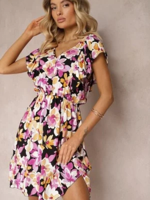 Czarno-Różowa Taliowana Bawełniana Sukienka w Kwiaty z Falbanami przy Ramionach z Gumką w Talii Nelova defox