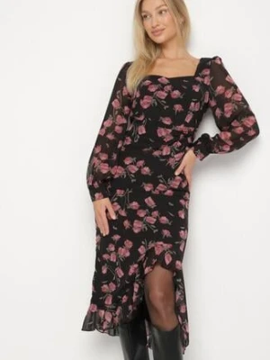 Czarno-Różowa Taliowana Sukienka VICES z Falbankami i Bufiastymi Rękawami Aruvita