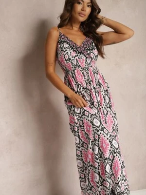 Czarno-Różowa Wiskozowa Sukienka na Ramiączkach z Gumką w Pasie Andadea cflo