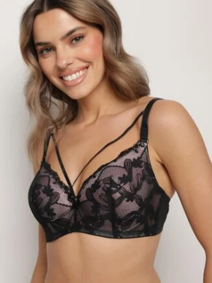 Czarno-Różowy Biustonosz Koronkowy z Ozdobnymi Paskami i Cyrkoniami Emlimi love magnolia