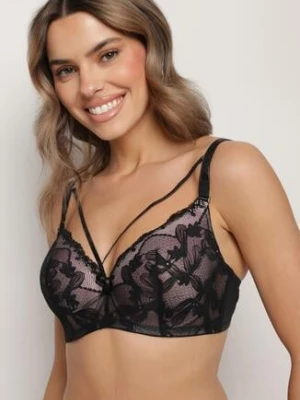 Czarno-Różowy Biustonosz Koronkowy z Ozdobnymi Paskami i Cyrkoniami Emlimi love magnolia