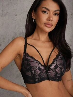 Czarno-Różowy Biustonosz z Dodatkowymi Paskami Zdobiony Koronką i Cyrkoniami Ollimi love magnolia