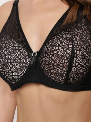 Czarno-Różowy Koronkowy Biustonosz Full Cup z Ozdobnymi Cyrkoniami na Kokardce Nikoriana