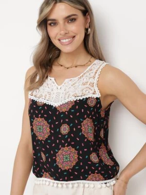 Czarno-Różowy Wiskozowy Top Koszulka bez Rękawów z Koronkową Górą i Wykończona Pomponami Comoria fashion