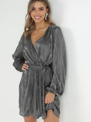 Czarno-Srebrna Błyszcząca Sukienka Kopertowa Vengas jusdepom