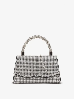 Czarno-Srebrna Mała Torebka z Plecioną Rączką i Łańcuszkiem na Ramię z Cyrkoniami na Zatrzask Teratia Fashion&bags