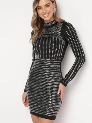 Czarno-Srebrna Sukienka Mini z Półgolfem Zdobiona Cyrkoniami Rosinne elsa.m by may