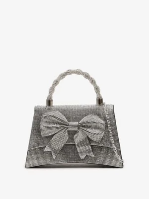 Czarno-Srebrna Torebka Kopertówka Ozdobiona Cyrkoniami i Kokardą Deolire