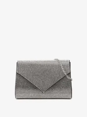 Czarno-Srebrna Torebka Kopertówka z Ozdobnymi Cyrkoniami i Metalowym Łańcuszkiem Tiamate