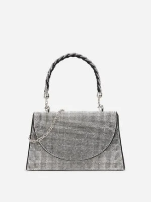 Czarno-Srebrna Torebka Wieczorowa z Rączką i Długim Paskiem z Cyrkoniami Wilagia