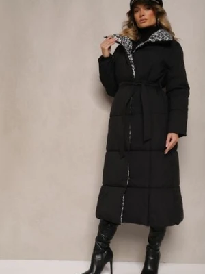 Czarno-Szara Długa Kurtka z Pikowanymi Przeszyciami i Kołnierzem w Panterkę Wiązana w Talii Tilfezi melya by melody