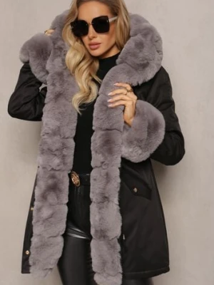 Czarno-Szara Kurtka Parka z Paskiem w Talii i Kapturem z Futerkiem Hizontia swest