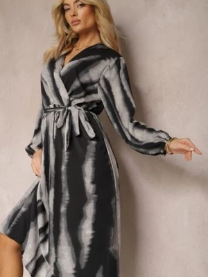 Czarno-Szara Rozkloszowana Sukienka Maxi z Kopertowym Dekoltem i Materiałowym Paskiem Efengia