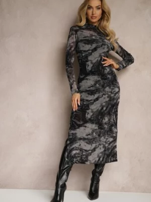 Czarno-Szara Siateczkowa Sukienka z Wiskozą o Dopasowanym Kroju z Rozcięciami w Moro Wzór Emivinia by swan