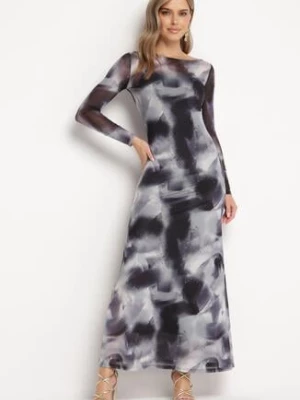 Czarno-Szara Sukienka Siateczkowa Maxi w Abstrakcyjny Wzór Tie-Dye Orelad