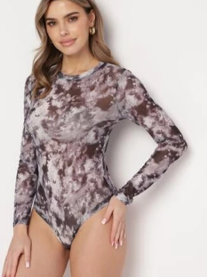 Czarno-Szare Siateczkowe Body z Długimi Rękawami i Wzorem Tie-Dye Lenvoria by swan