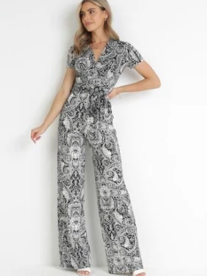 Czarno-Szary Kwiecisty Kombinezon z Kopertowym Dekoltem i Materiałowym Paskiem Catarinja by swan