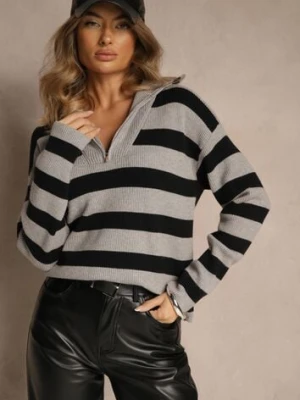 Czarno-Szary Sweter w Paski z Suwakiem przy Dekolcie Ralanae glo-story