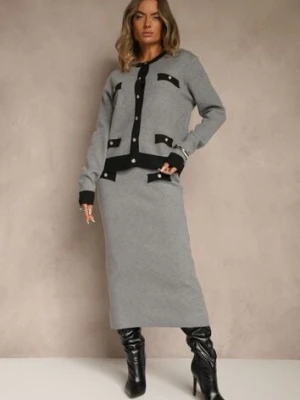 Czarno-Szary Sweterkowy Komplet z Dzianiny z Bawełną Kardigan i Spódnica Derrive j&x