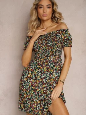 Czarno-Zielona Hiszpanka Sukienka z Wiskozy w Kwiatowy Wzór z Gumką w Pasie Silemia j&x