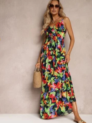 Czarno-ZIelona Kopertowa Sukienka z Wiskozy na Ramiączkach i Gumką w Talii Tiamali cflo