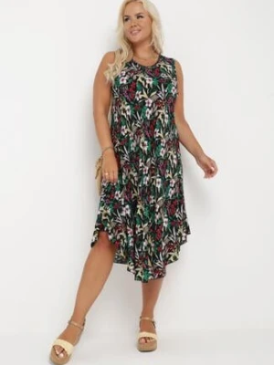 Czarno-Zielona Sukienka Midi z Okrągłym Dekoltem i Printem w Kwiaty Eleanes j&x