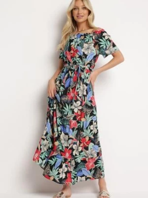 Czarno-Zielona Sukienka z Wiskozy w Kwiaty Rozkloszowana Wiązana w Talii Quilbia j&x